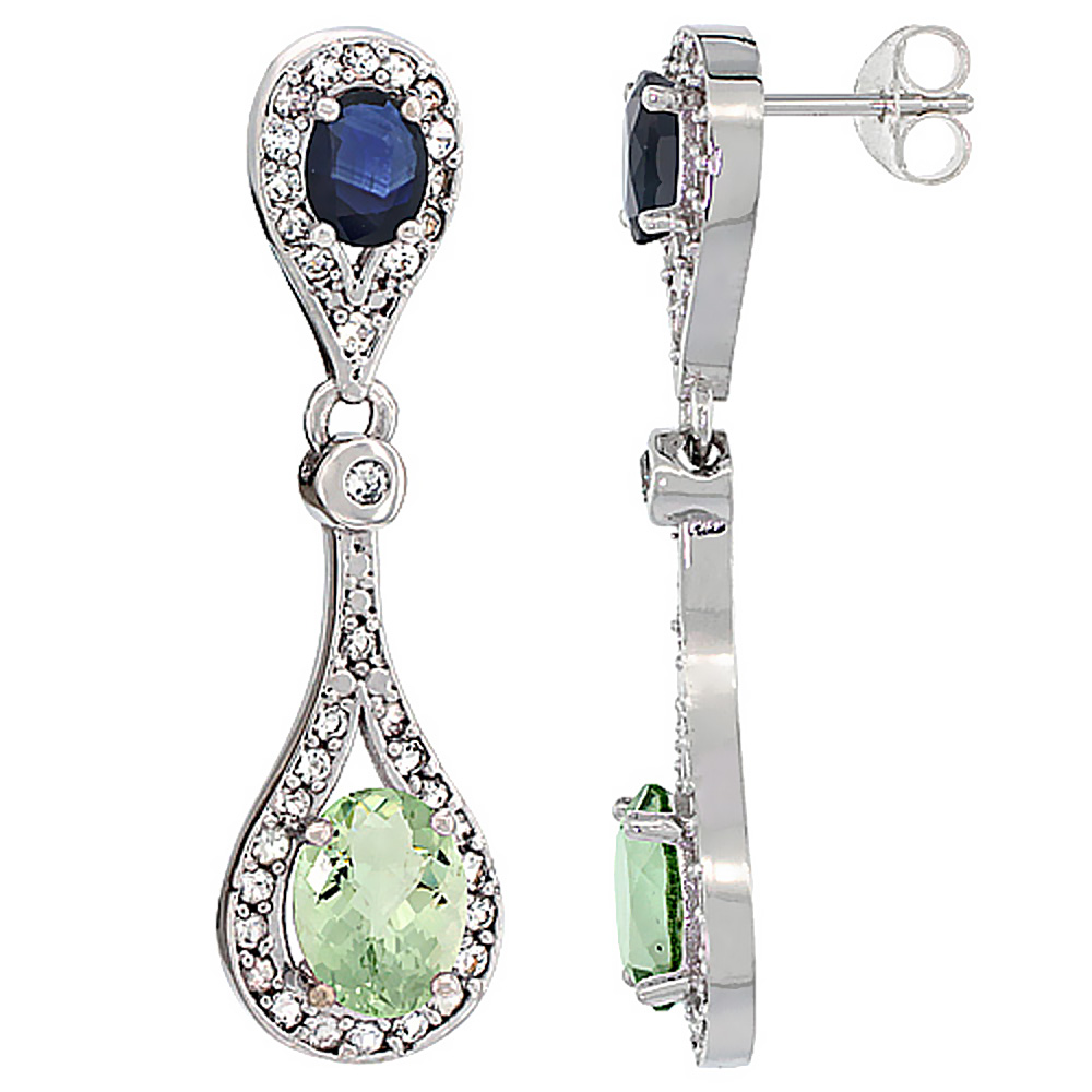 10K WHITE GOLD NATURAL GREEN AMETHYST & BLUE SAPPHIRE OVAL DANGLING EARRINGS WHITE SAPPHIRE & DIAMOND ACCENTS, 1 3/8 INCHES LONG