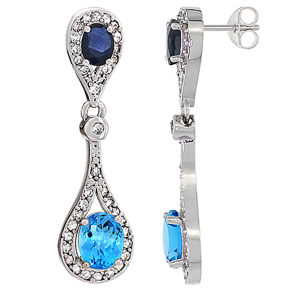 10K WHITE GOLD NATURAL SWISS BLUE TOPAZ & BLUE SAPPHIRE OVAL DANGLING EARRINGS WHITE SAPPHIRE & DIAMOND ACCENTS, 1 3/8 INCHES LONG