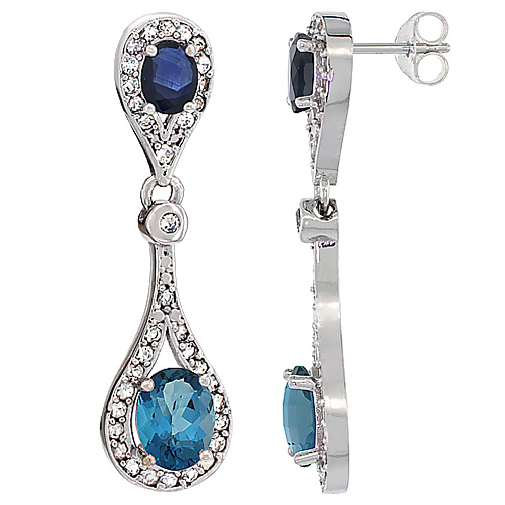 10K WHITE GOLD NATURAL LONDON BLUE TOPAZ & BLUE SAPPHIRE OVAL DANGLING EARRINGS WHITE SAPPHIRE & DIAMOND ACCENTS, 1 3/8 INCHES LONG