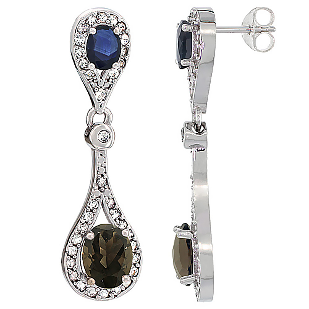 10K WHITE GOLD NATURAL SMOKY TOPAZ & BLUE SAPPHIRE OVAL DANGLING EARRINGS WHITE SAPPHIRE & DIAMOND ACCENTS, 1 3/8 INCHES LONG