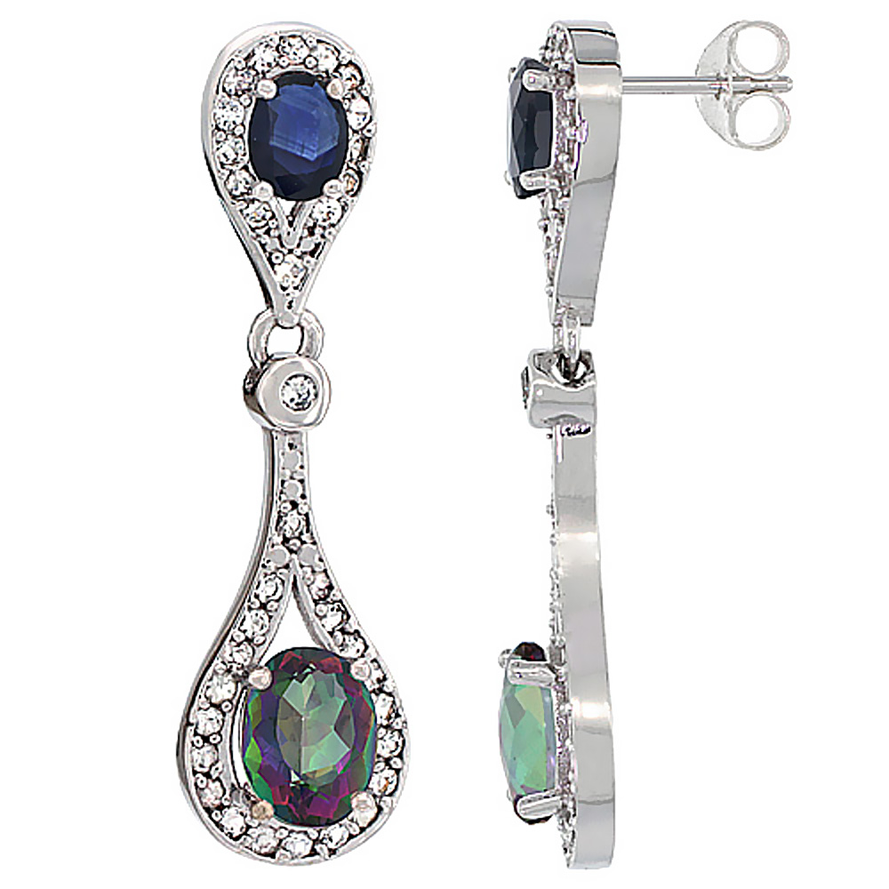 10K WHITE GOLD NATURAL MYSTIC TOPAZ & BLUE SAPPHIRE OVAL DANGLING EARRINGS WHITE SAPPHIRE & DIAMOND ACCENTS, 1 3/8 INCHES LONG