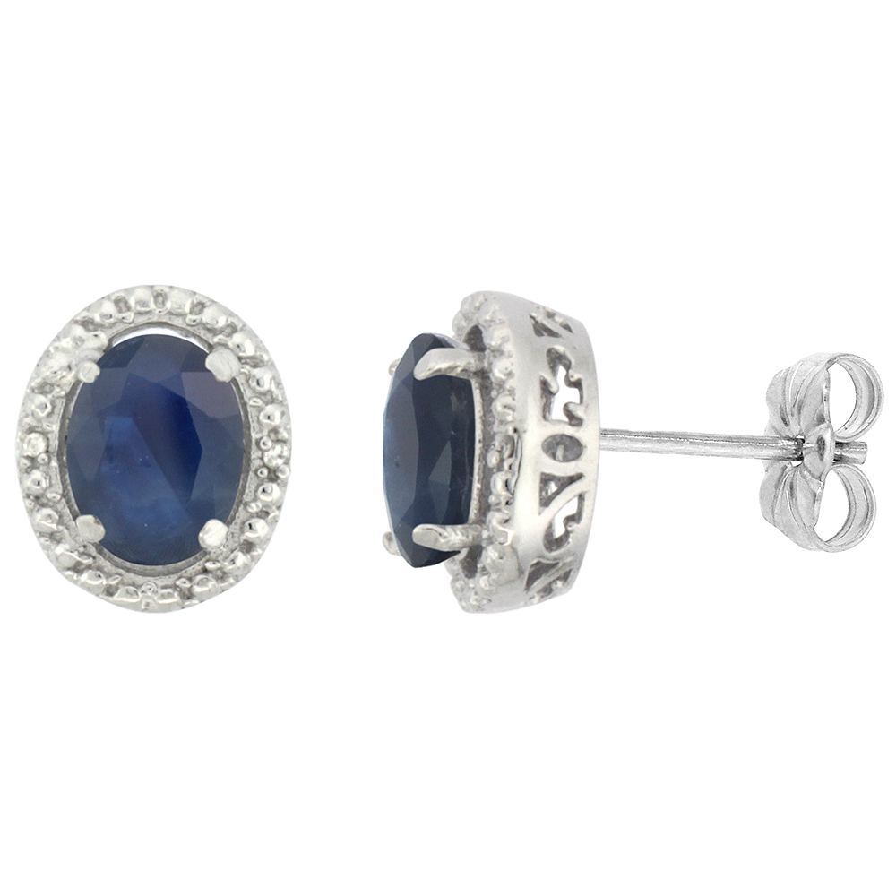 10K WHITE GOLD 0.01 CTTW DIAMOND NATURAL BLUE SAPPHIRE POST EARRINGS OVAL 7X5 MM
