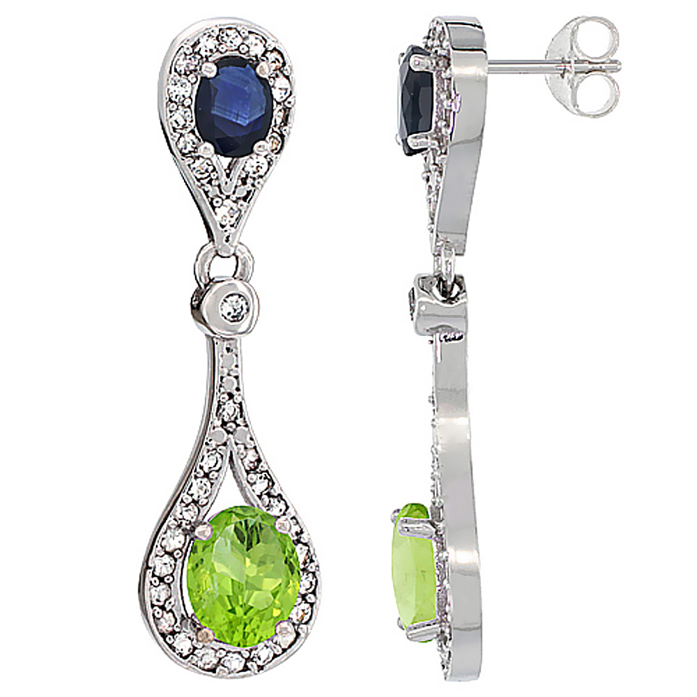 10K WHITE GOLD NATURAL PERIDOT & BLUE SAPPHIRE OVAL DANGLING EARRINGS WHITE SAPPHIRE & DIAMOND ACCENTS, 1 3/8 INCHES LONG