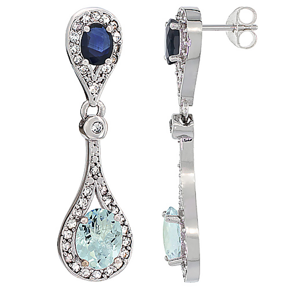10K WHITE GOLD NATURAL AQUAMARINE & BLUE SAPPHIRE OVAL DANGLING EARRINGS WHITE SAPPHIRE & DIAMOND ACCENTS, 1 3/8 INCHES LONG