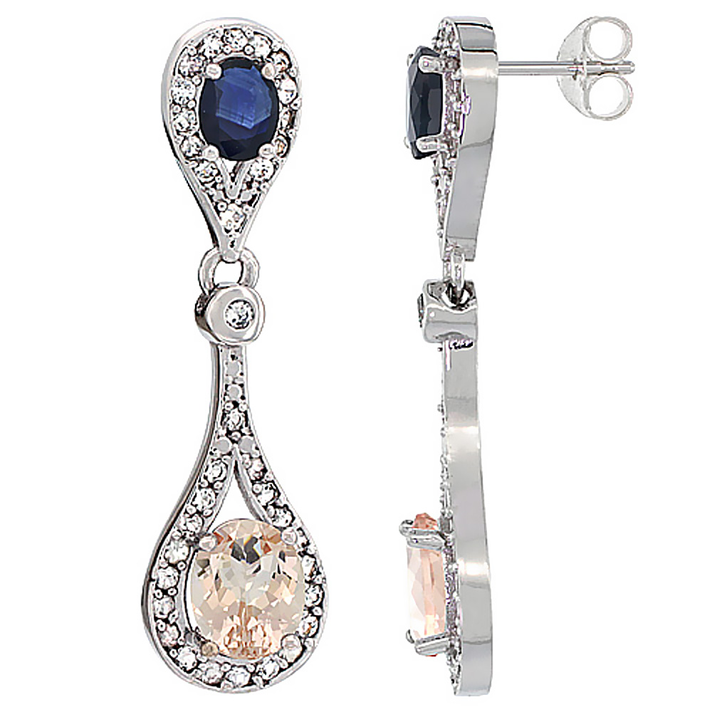 10K WHITE GOLD NATURAL MORGANITE & BLUE SAPPHIRE OVAL DANGLING EARRINGS WHITE SAPPHIRE & DIAMOND ACCENTS, 1 3/8 INCHES LONG