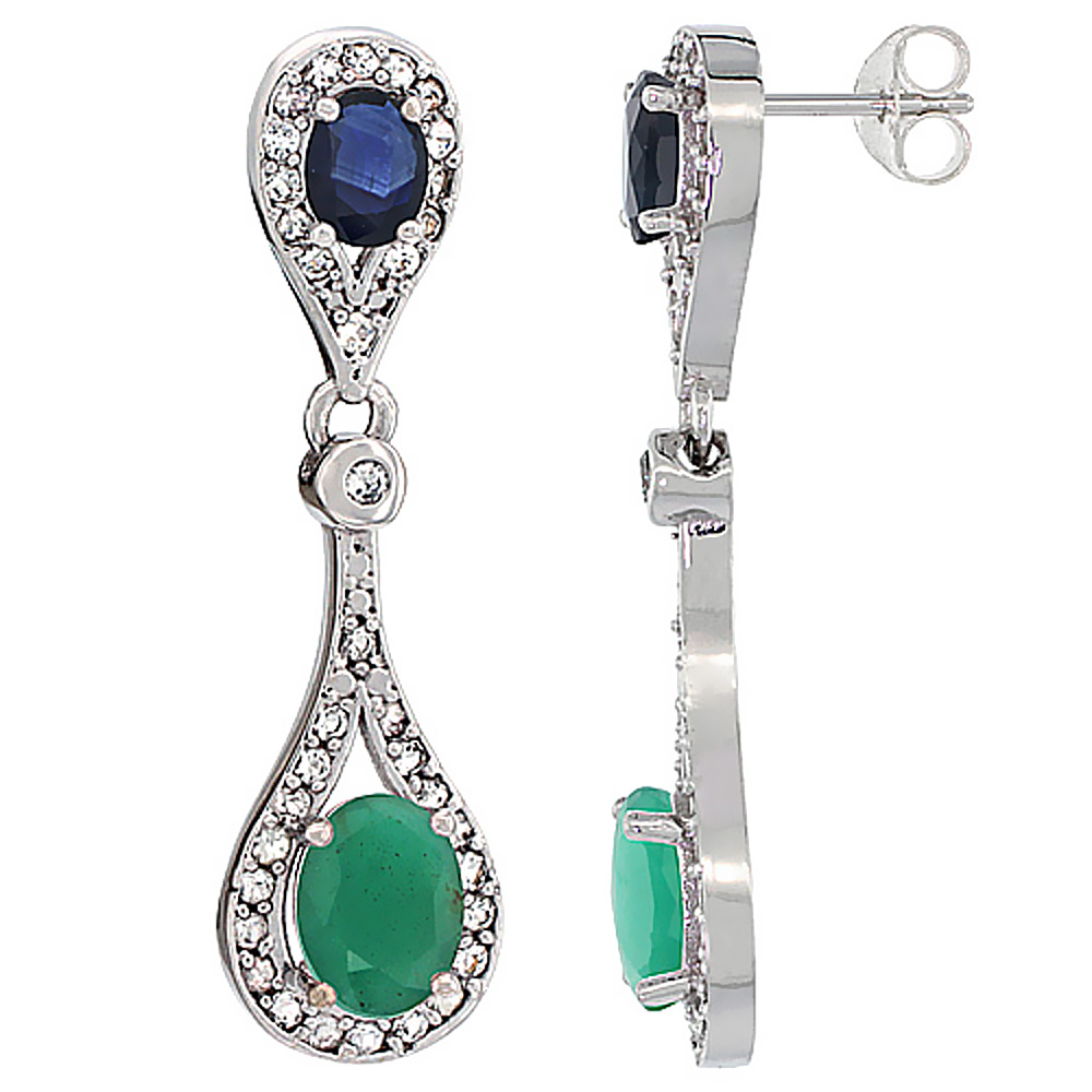 10K WHITE GOLD NATURAL EMERALD & BLUE SAPPHIRE OVAL DANGLING EARRINGS WHITE SAPPHIRE & DIAMOND ACCENTS, 1 3/8 INCHES LONG