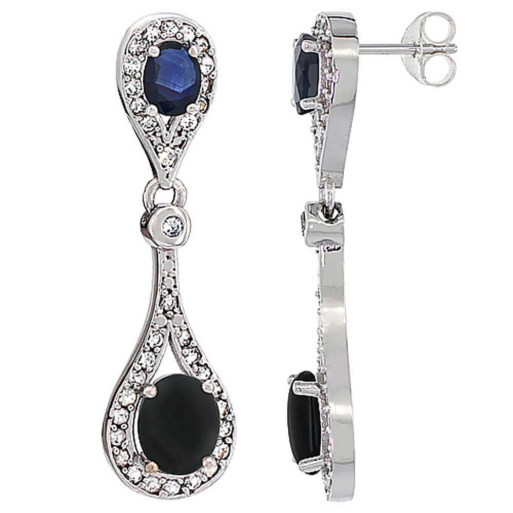 10K WHITE GOLD NATURAL BLACK ONYX & BLUE SAPPHIRE OVAL DANGLING EARRINGS WHITE SAPPHIRE & DIAMOND ACCENTS, 1 3/8 INCHES LONG
