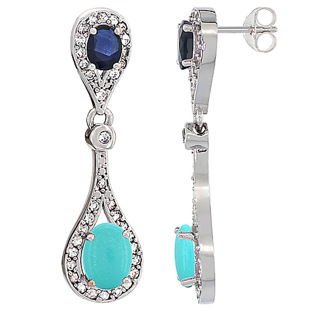 10K WHITE GOLD NATURAL TURQUOISE & BLUE SAPPHIRE OVAL DANGLING EARRINGS WHITE SAPPHIRE & DIAMOND ACCENTS, 1 3/8 INCHES LONG