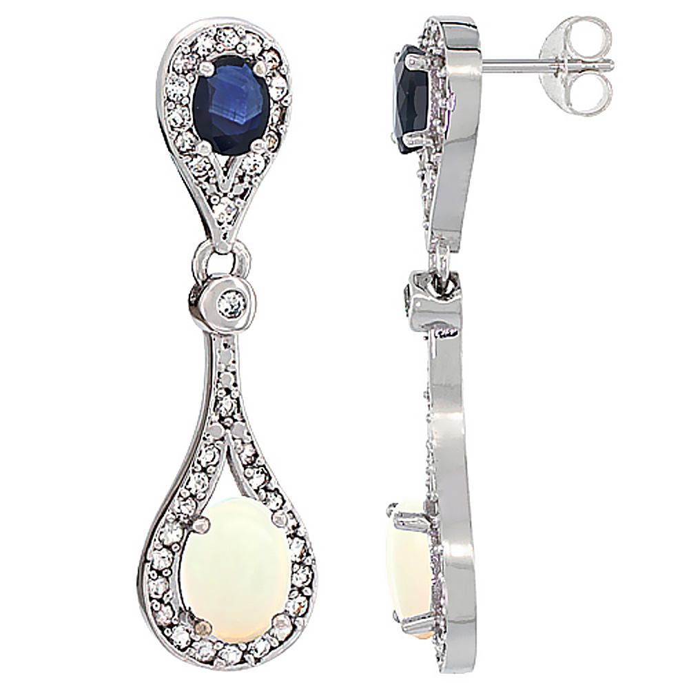 10K WHITE GOLD NATURAL OPAL & BLUE SAPPHIRE OVAL DANGLING EARRINGS WHITE SAPPHIRE & DIAMOND ACCENTS, 1 3/8 INCHES LONG