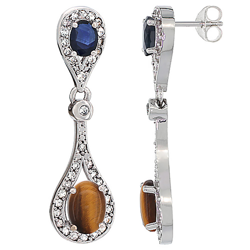 10K WHITE GOLD NATURAL TIGER EYE & BLUE SAPPHIRE OVAL DANGLING EARRINGS WHITE SAPPHIRE & DIAMOND ACCENTS, 1 3/8 INCHES LONG