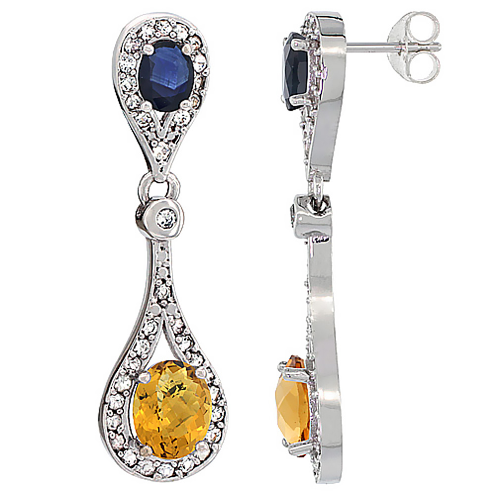 10K WHITE GOLD NATURAL WHISKY QUARTZ & BLUE SAPPHIRE OVAL DANGLING EARRINGS WHITE SAPPHIRE & DIAMOND ACCENTS, 1 3/8 INCHES LONG