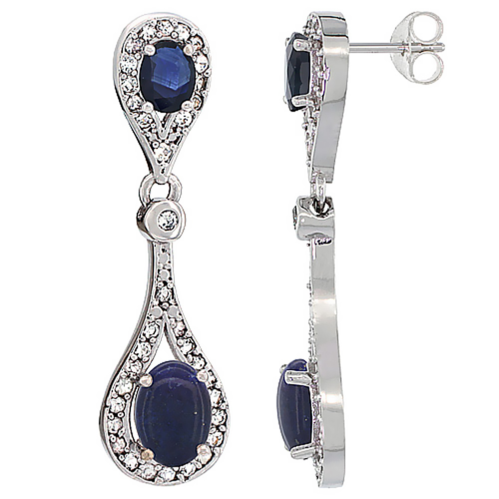 10K WHITE GOLD NATURAL LAPIS & BLUE SAPPHIRE OVAL DANGLING EARRINGS WHITE SAPPHIRE & DIAMOND ACCENTS, 1 3/8 INCHES LONG