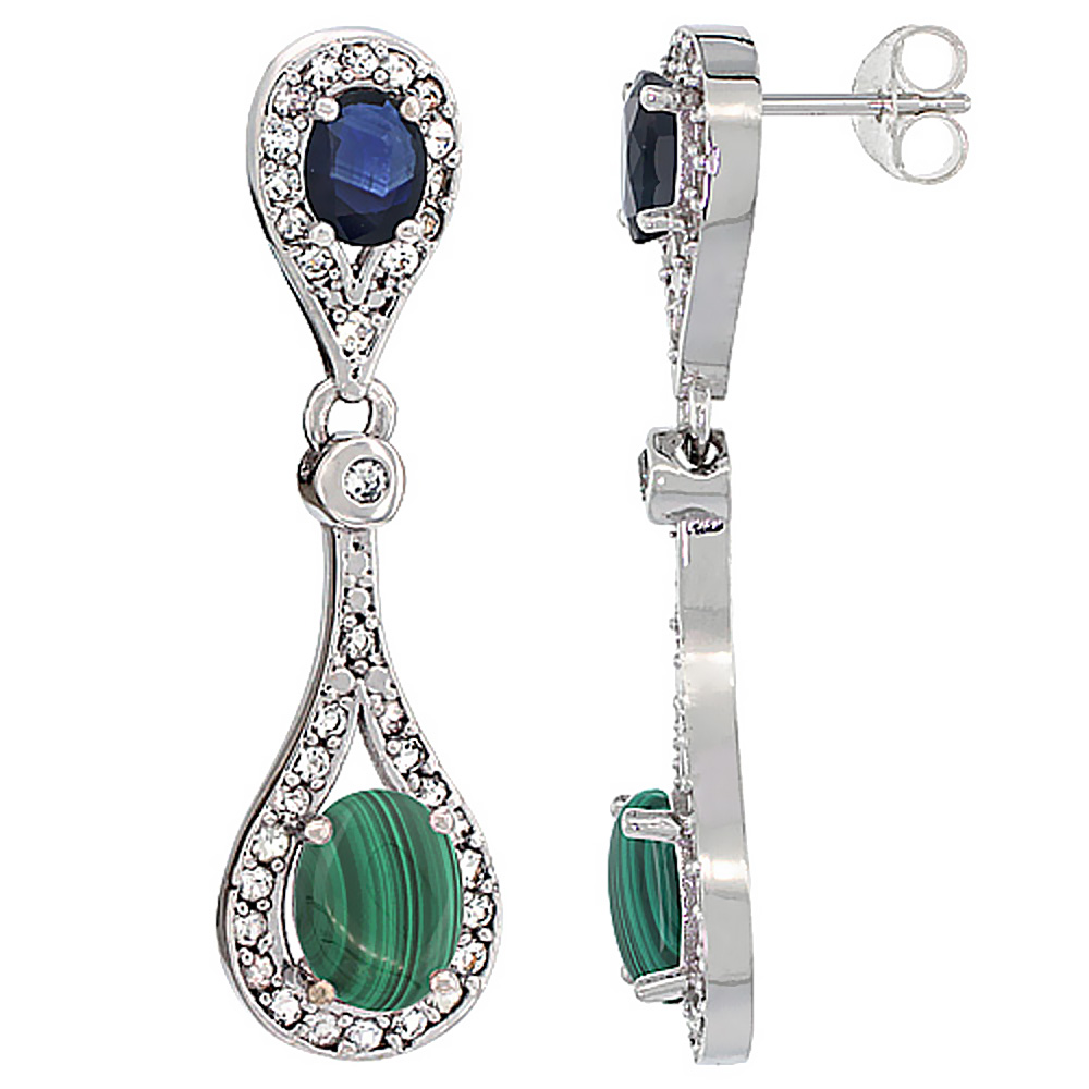 10K WHITE GOLD NATURAL MALACHITE & BLUE SAPPHIRE OVAL DANGLING EARRINGS WHITE SAPPHIRE & DIAMOND ACCENTS, 1 3/8 INCHES LONG
