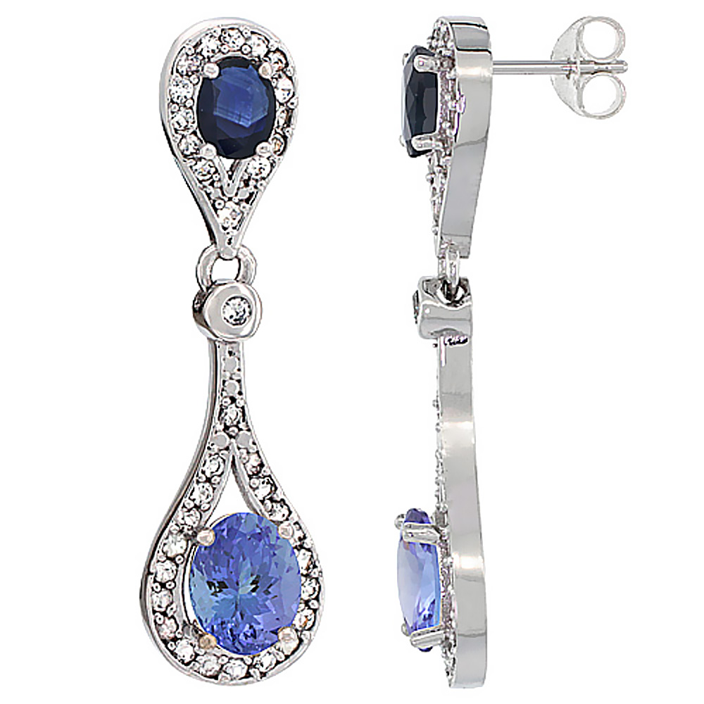 10K WHITE GOLD NATURAL TANZANITE & BLUE SAPPHIRE OVAL DANGLING EARRINGS WHITE SAPPHIRE & DIAMOND ACCENTS, 1 3/8 INCHES LONG