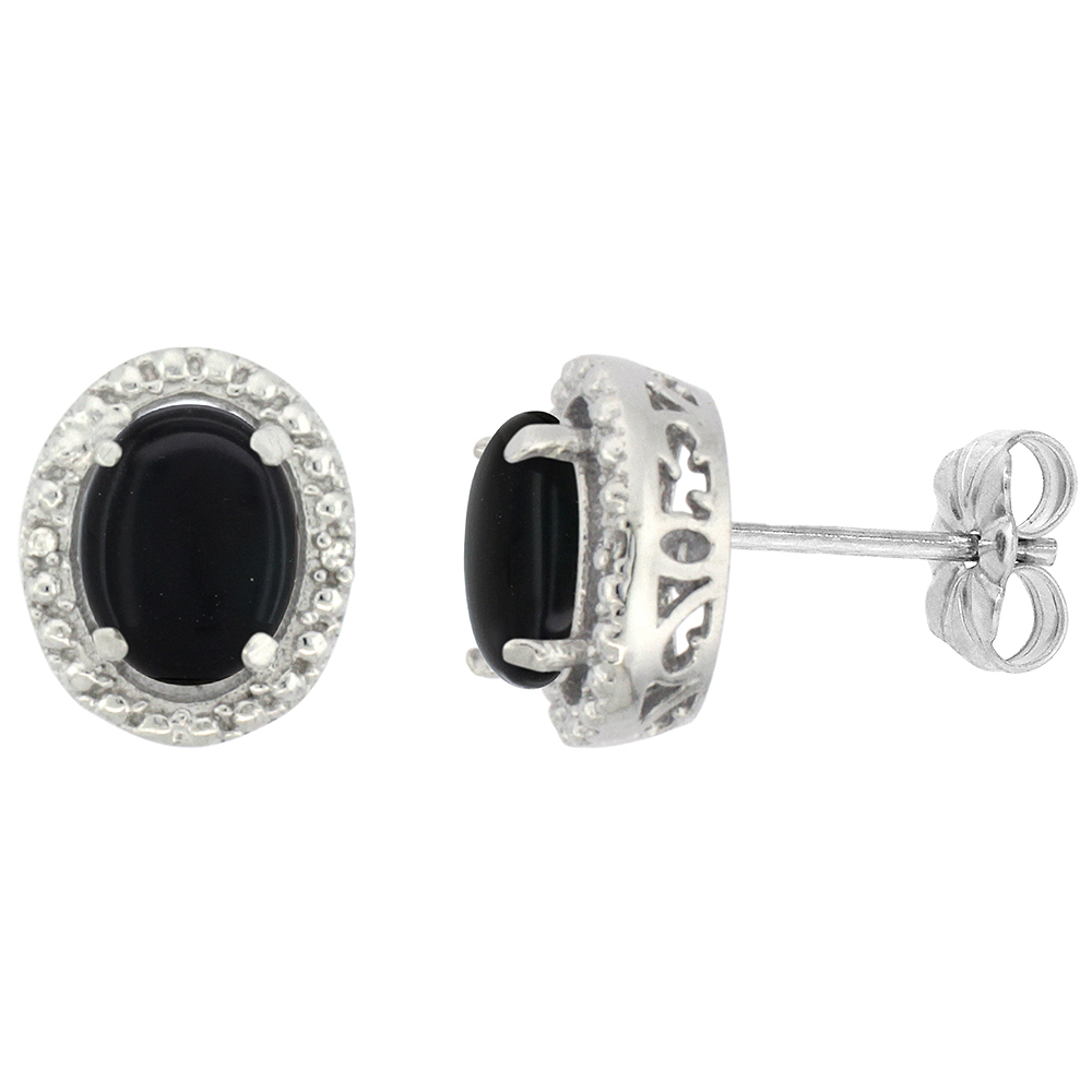 10K White Gold 0.01 cttw Diamond Natural Black Onyx Post Earrings Oval 7x5 mm