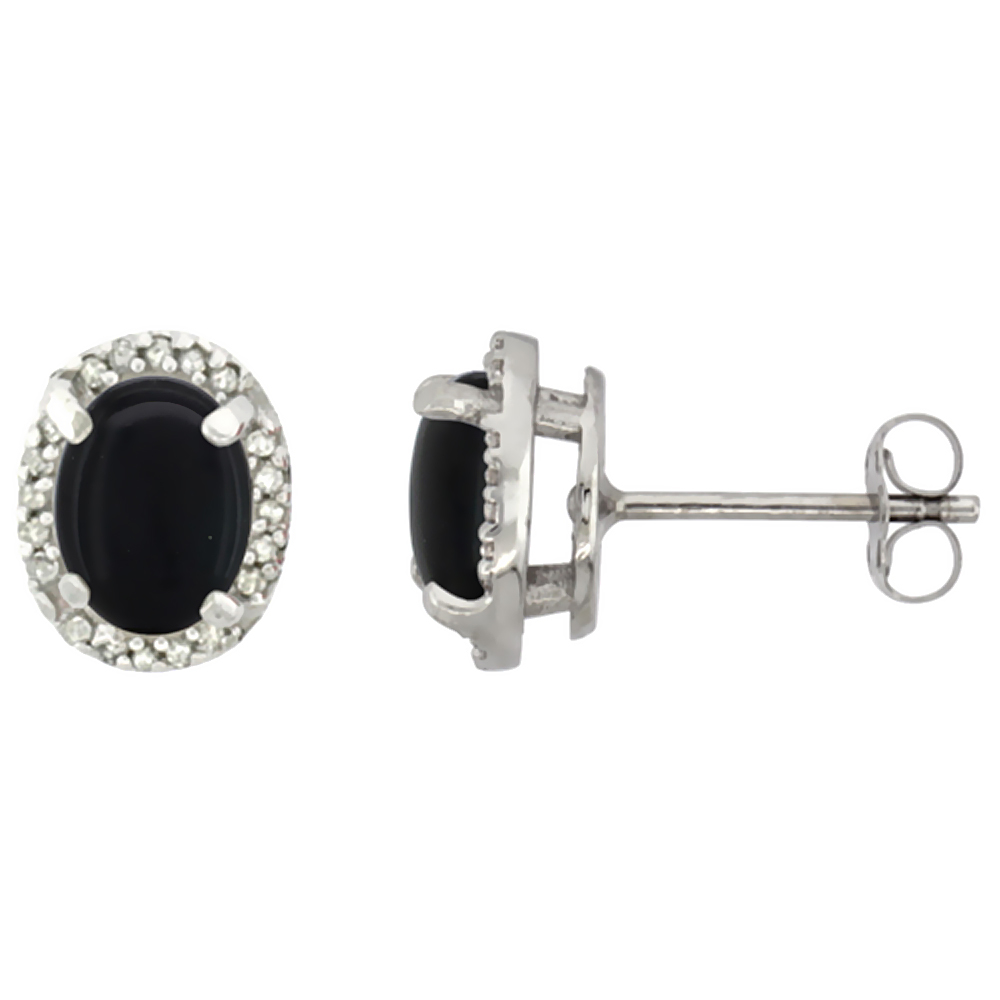 10K White Gold Diamond Natural Black Onyx Earrings Oval 7x5 mm