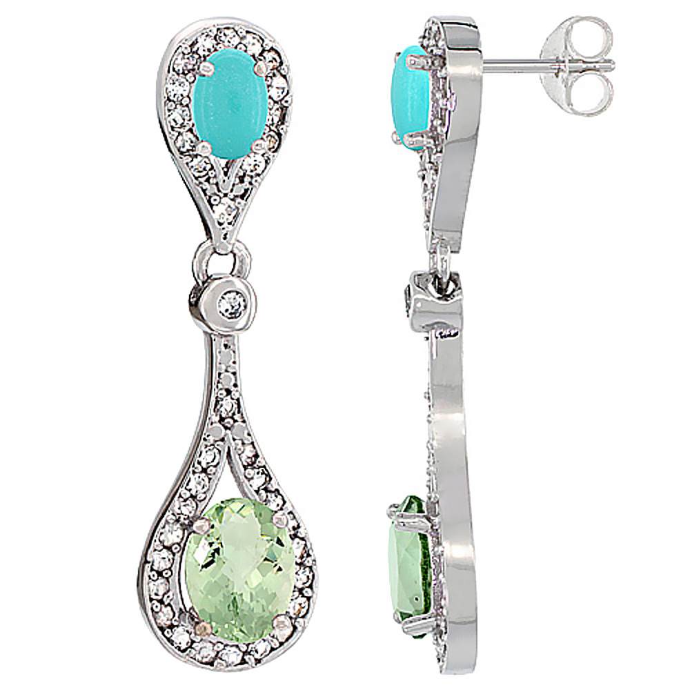 10K White Gold Natural Green Amethyst & Turquoise Oval Dangling Earrings White Sapphire & Diamond Accents, 1 3/8 inches long