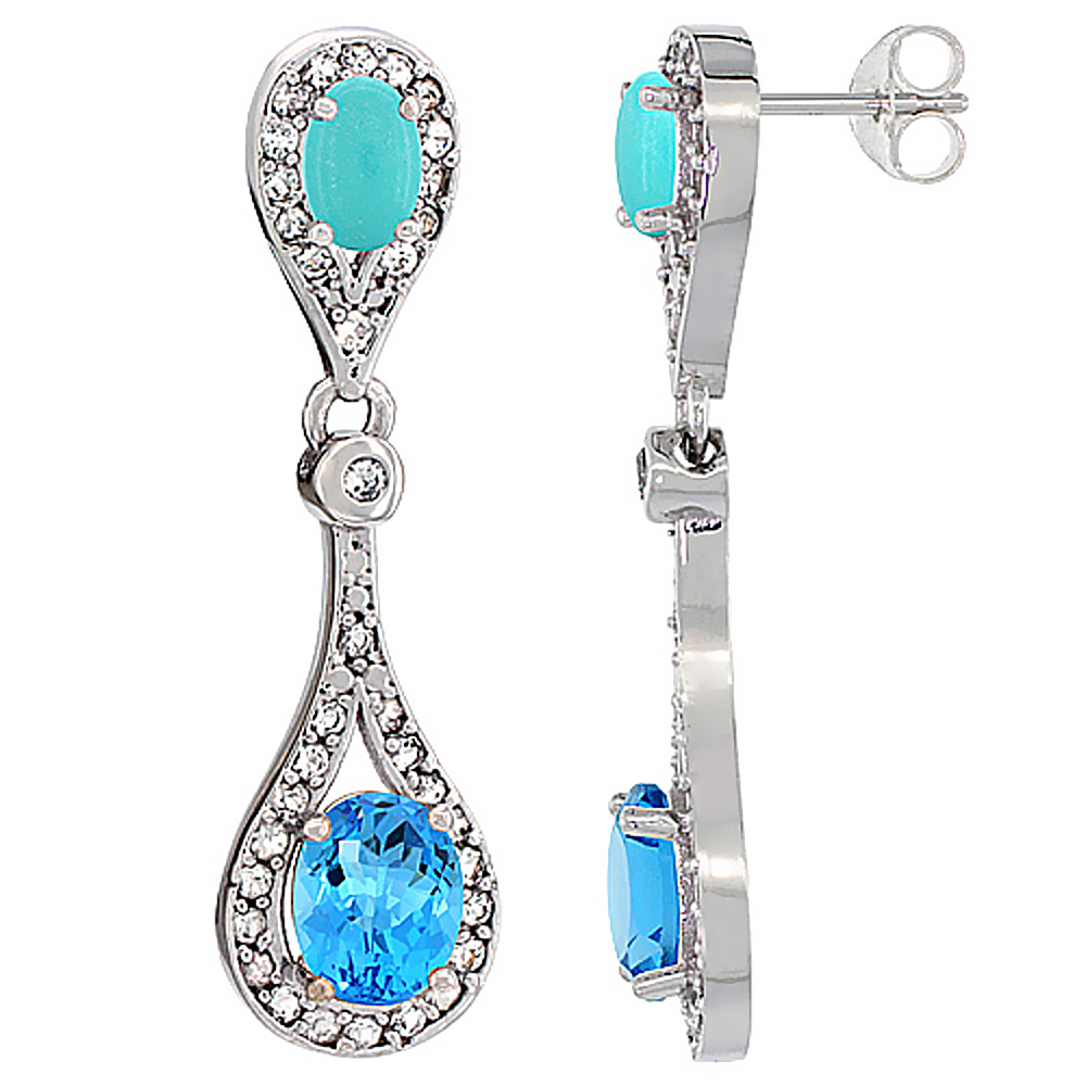 10K WHITE GOLD NATURAL SWISS BLUE TOPAZ & TURQUOISE OVAL DANGLING EARRINGS WHITE SAPPHIRE & DIAMOND ACCENTS, 1 3/8 INCHES LONG