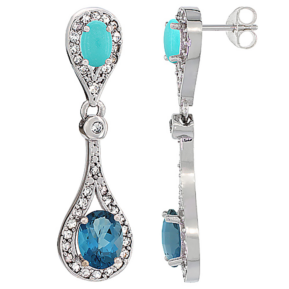 10K WHITE GOLD NATURAL LONDON BLUE TOPAZ & TURQUOISE OVAL DANGLING EARRINGS WHITE SAPPHIRE & DIAMOND ACCENTS, 1 3/8 INCHES LONG