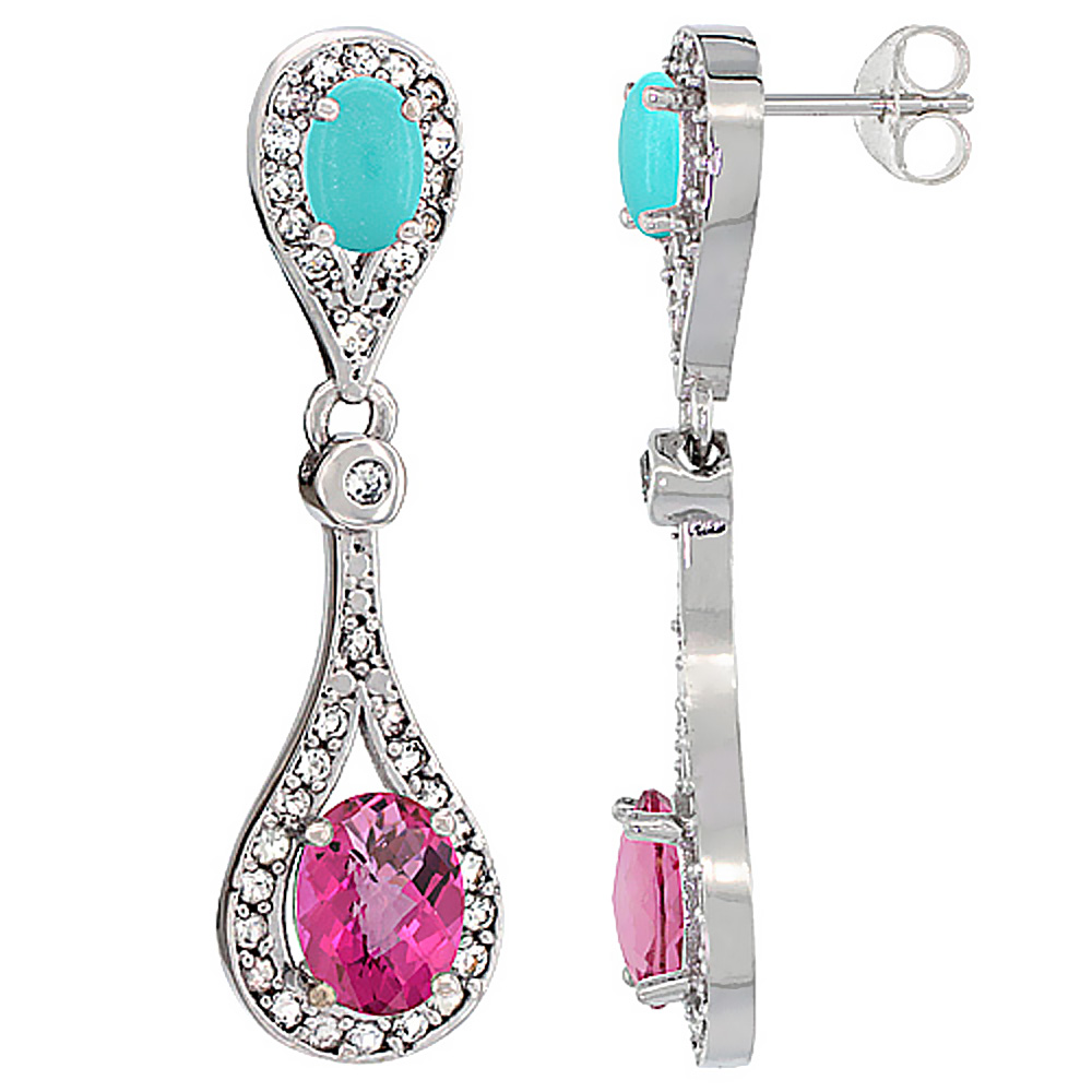 10K WHITE GOLD NATURAL PINK TOPAZ & TURQUOISE OVAL DANGLING EARRINGS WHITE SAPPHIRE & DIAMOND ACCENTS, 1 3/8 INCHES LONG