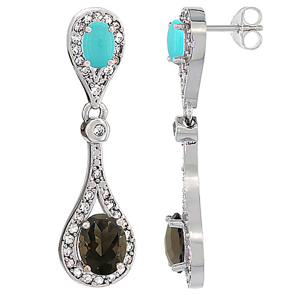 10K WHITE GOLD NATURAL SMOKY TOPAZ & TURQUOISE OVAL DANGLING EARRINGS WHITE SAPPHIRE & DIAMOND ACCENTS, 1 3/8 INCHES LONG