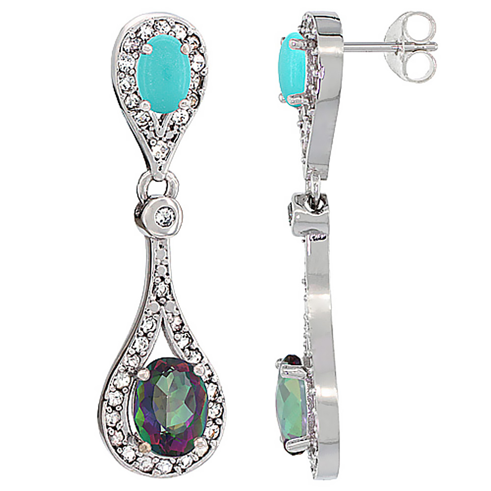 10K WHITE GOLD NATURAL MYSTIC TOPAZ & TURQUOISE OVAL DANGLING EARRINGS WHITE SAPPHIRE & DIAMOND ACCENTS, 1 3/8 INCHES LONG