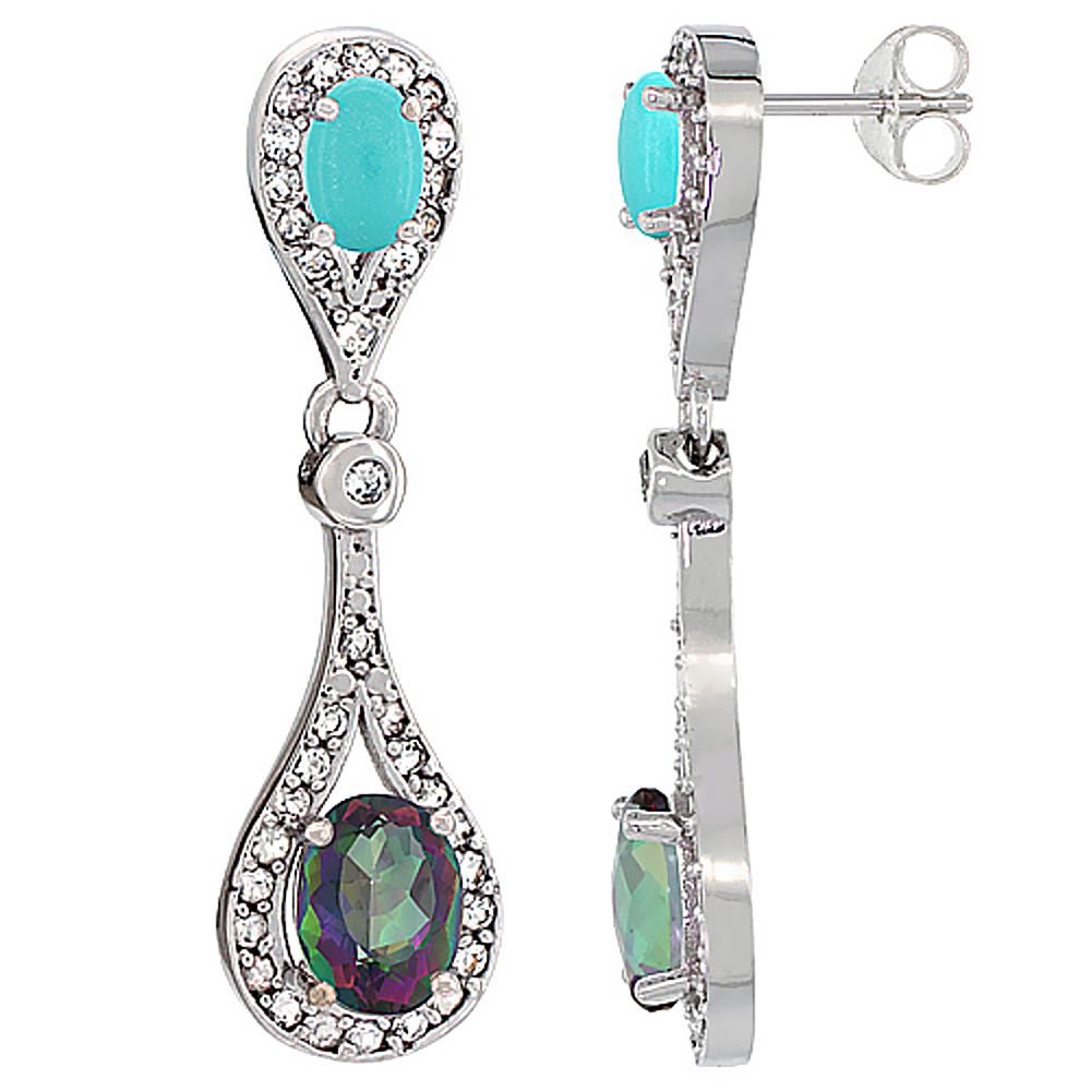 14K White Gold Natural Mystic Topaz & Turquoise Oval Dangling Earrings White Sapphire & Diamond Accents, 1 3/8 inches long