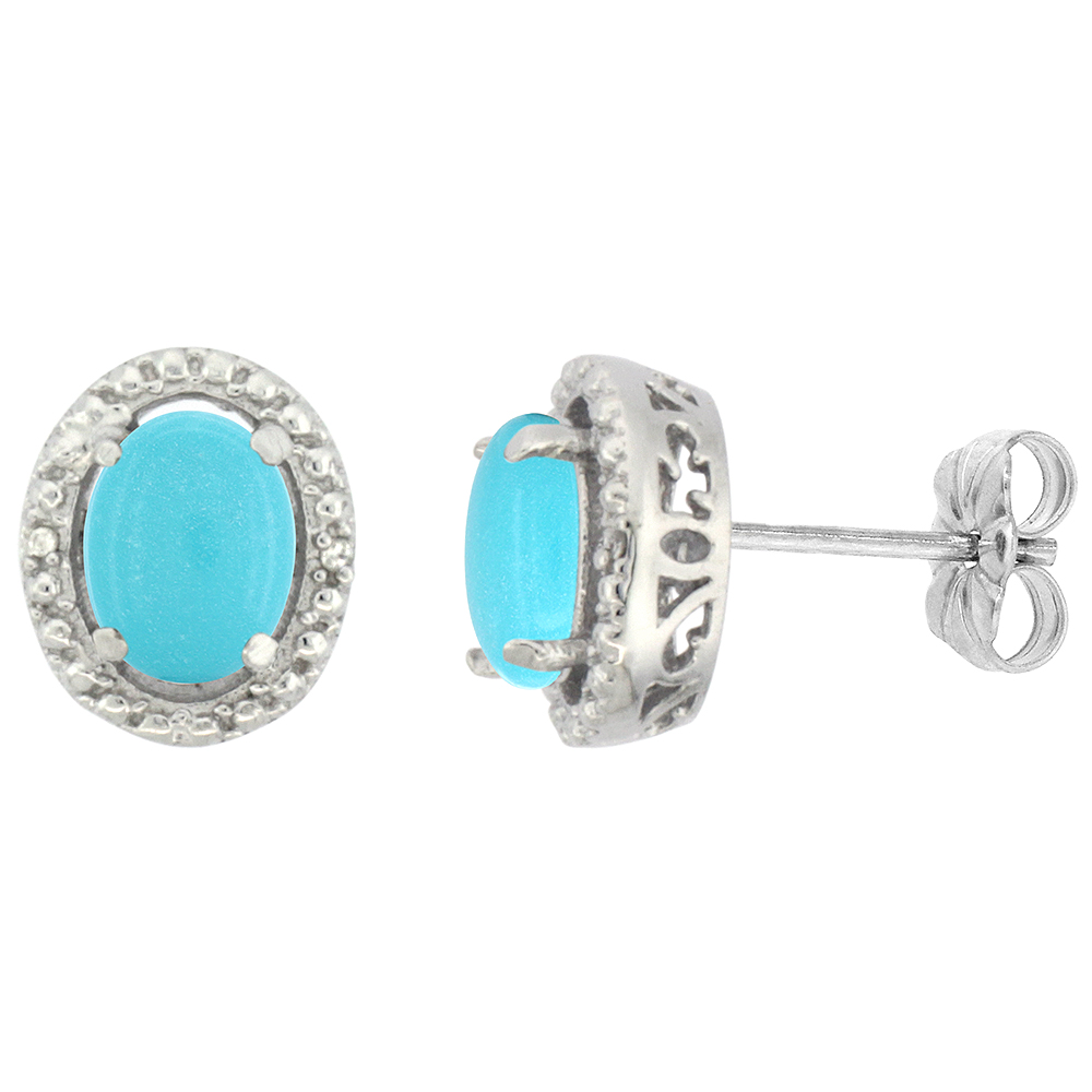 10K WHITE GOLD 0.01 CTTW DIAMOND NATURAL TURQUOISE POST EARRINGS OVAL 7X5 MM