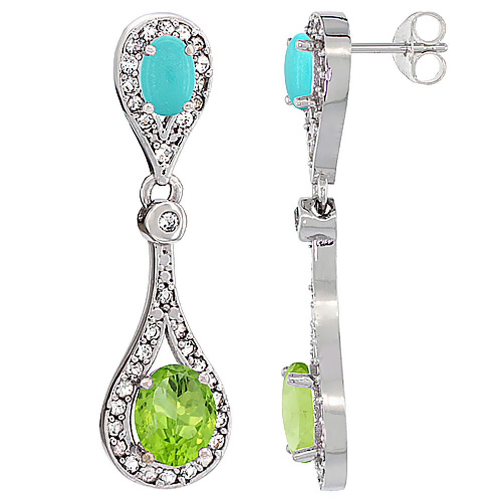 10K White Gold Natural Peridot & Turquoise Oval Dangling Earrings White Sapphire & Diamond Accents, 1 3/8 inches long