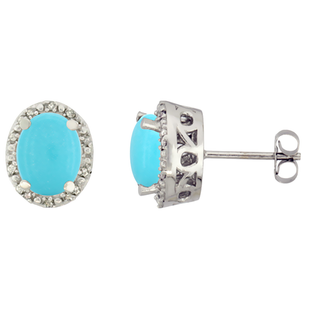 10K WHITE GOLD GENUINE TURQUOISE STUD EARRINGS DIAMOND HALO OVAL 8X6 MM