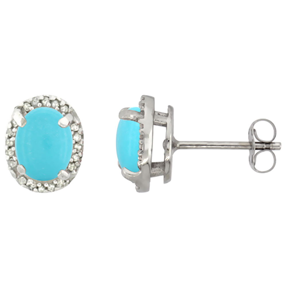 10K WHITE GOLD DIAMOND NATURAL TURQUOISE EARRINGS OVAL 7X5 MM