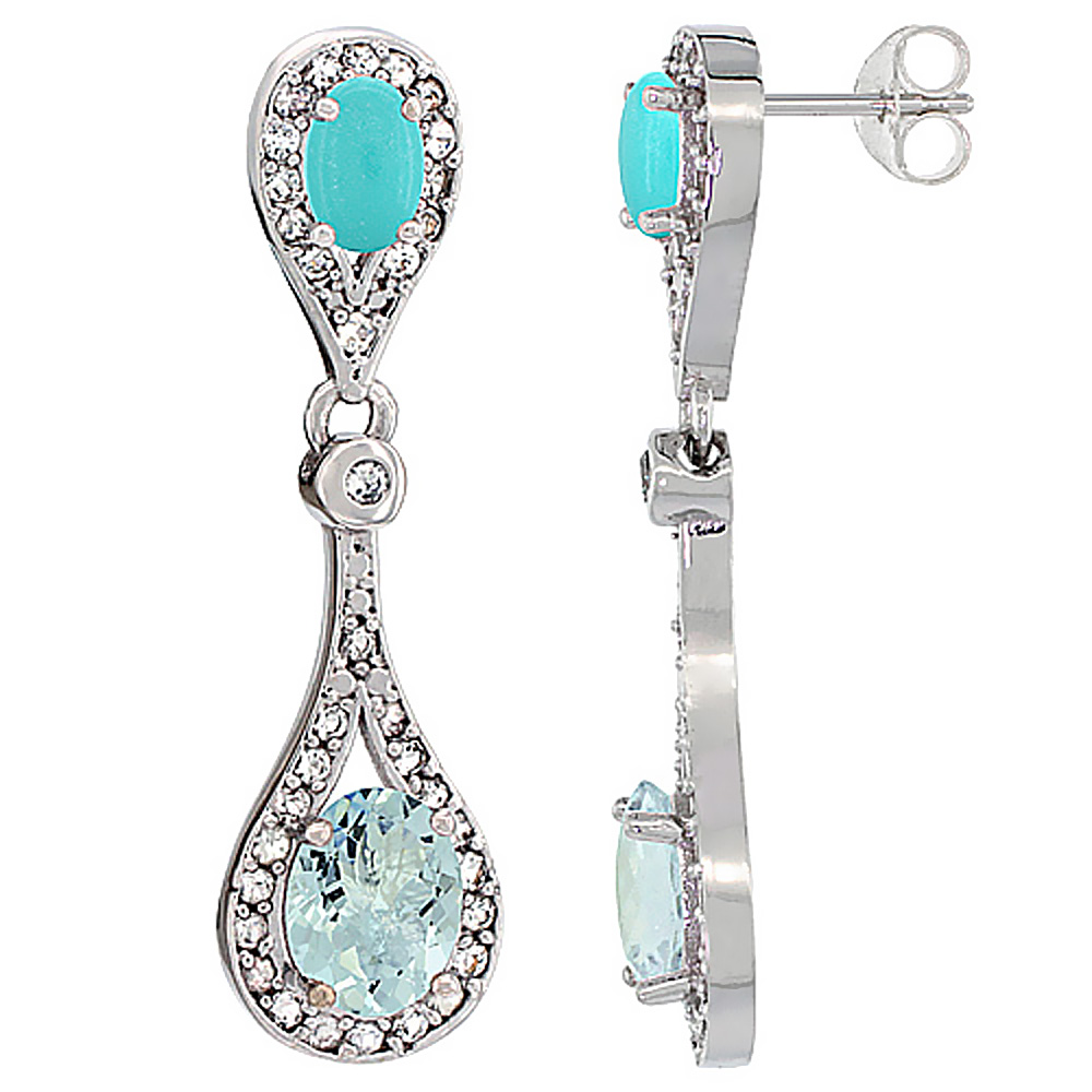 10K WHITE GOLD NATURAL AQUAMARINE & TURQUOISE OVAL DANGLING EARRINGS WHITE SAPPHIRE & DIAMOND ACCENTS, 1 3/8 INCHES LONG