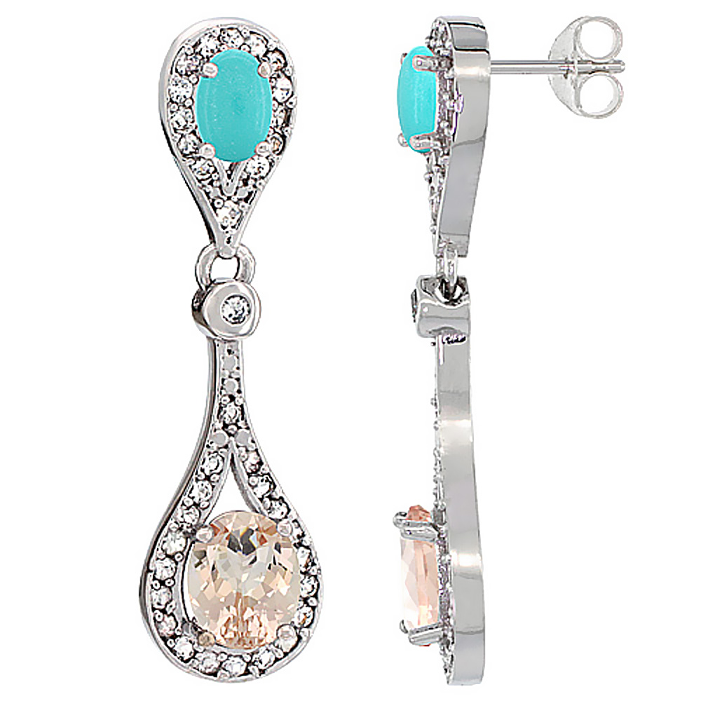 14K White Gold Natural Morganite &amp; Turquoise Oval Dangling Earrings White Sapphire &amp; Diamond Accents, 1 3/8 inches long