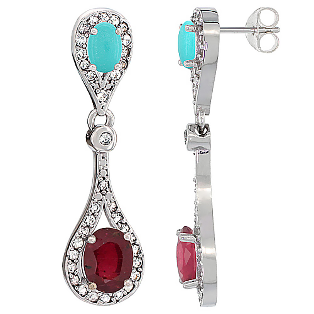 10K WHITE GOLD ENHANCED RUBY & TURQUOISE OVAL DANGLING EARRINGS WHITE SAPPHIRE & DIAMOND ACCENTS, 1 3/8 INCHES LONG