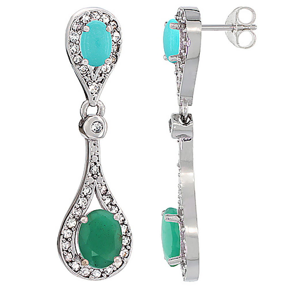 10K WHITE GOLD NATURAL EMERALD & TURQUOISE OVAL DANGLING EARRINGS WHITE SAPPHIRE & DIAMOND ACCENTS, 1 3/8 INCHES LONG