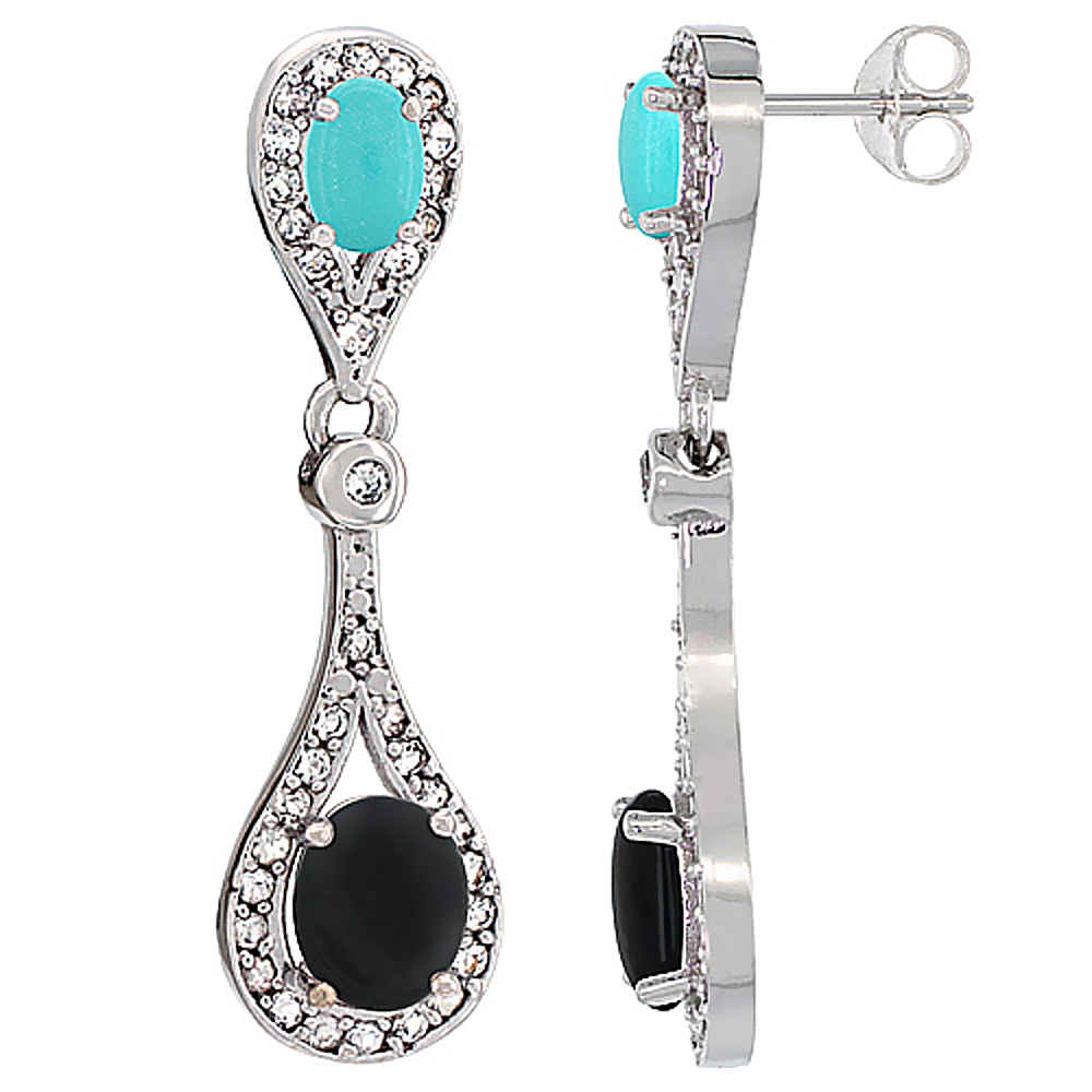 10K WHITE GOLD NATURAL BLACK ONYX & TURQUOISE OVAL DANGLING EARRINGS WHITE SAPPHIRE & DIAMOND ACCENTS, 1 3/8 INCHES LONG