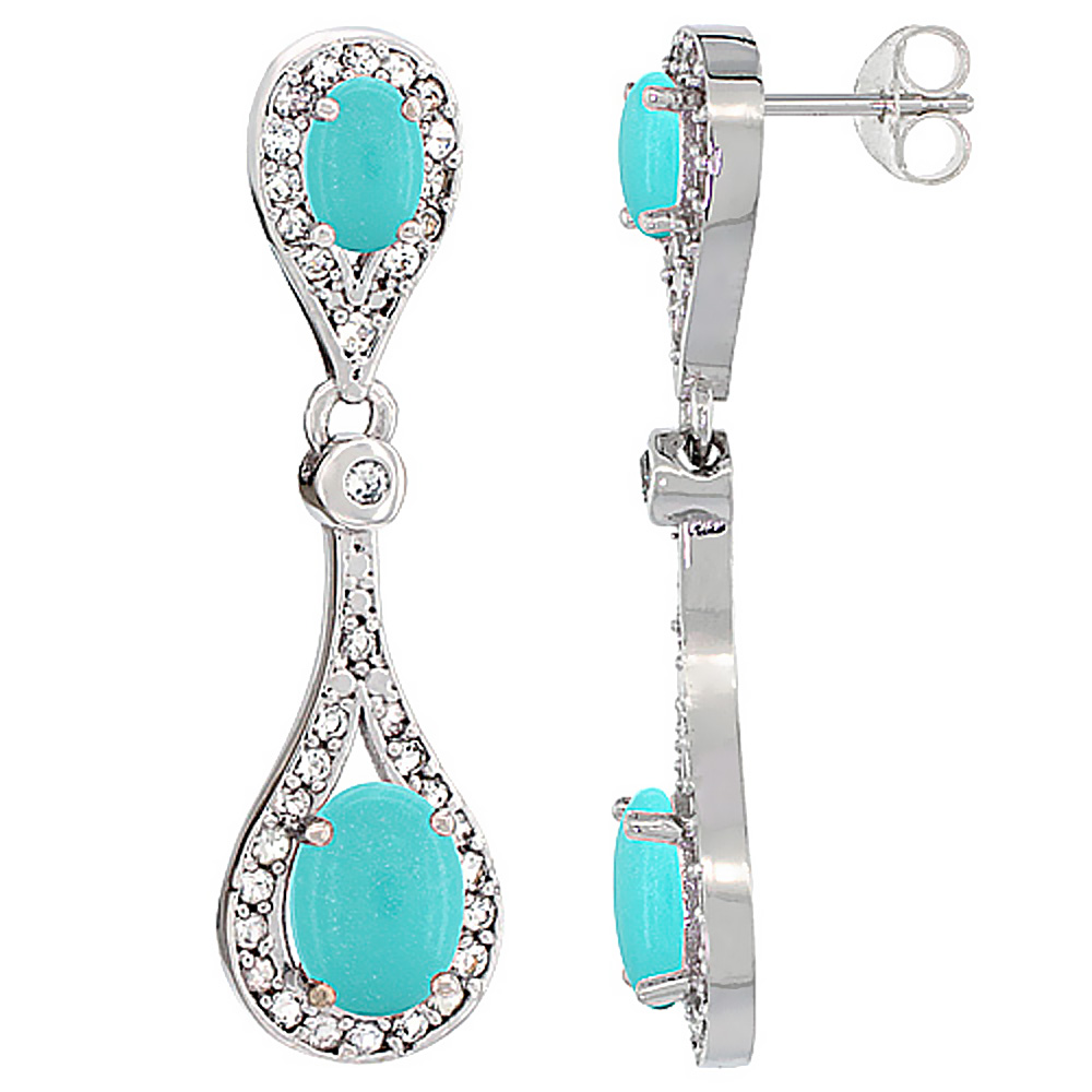 10K WHITE GOLD NATURAL TURQUOISE OVAL DANGLING EARRINGS WHITE SAPPHIRE & DIAMOND ACCENTS, 1 3/8 INCHES LONG