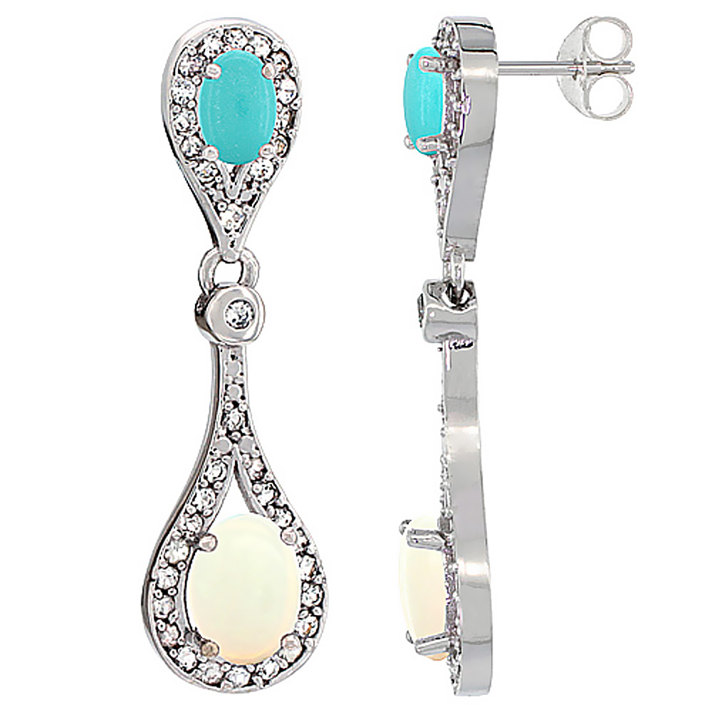 10K WHITE GOLD NATURAL OPAL & TURQUOISE OVAL DANGLING EARRINGS WHITE SAPPHIRE & DIAMOND ACCENTS, 1 3/8 INCHES LONG