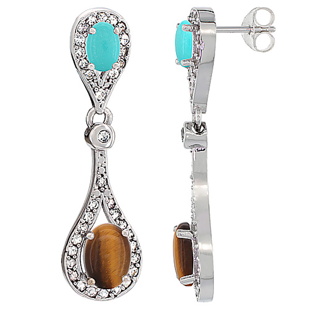 10K WHITE GOLD NATURAL TIGER EYE & TURQUOISE OVAL DANGLING EARRINGS WHITE SAPPHIRE & DIAMOND ACCENTS, 1 3/8 INCHES LONG
