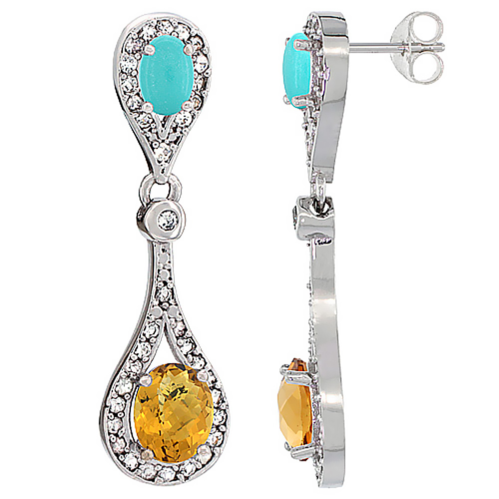 10K WHITE GOLD NATURAL WHISKY QUARTZ & TURQUOISE OVAL DANGLING EARRINGS WHITE SAPPHIRE & DIAMOND ACCENTS, 1 3/8 INCHES LONG