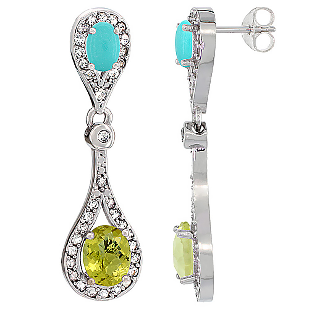 10K WHITE GOLD NATURAL LEMON QUARTZ & TURQUOISE OVAL DANGLING EARRINGS WHITE SAPPHIRE & DIAMOND ACCENTS, 1 3/8 INCHES LONG