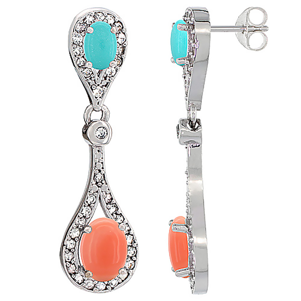 10K WHITE GOLD NATURAL CORAL & TURQUOISE OVAL DANGLING EARRINGS WHITE SAPPHIRE & DIAMOND ACCENTS, 1 3/8 INCHES LONG