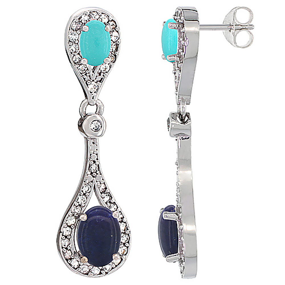 10K WHITE GOLD NATURAL LAPIS & TURQUOISE OVAL DANGLING EARRINGS WHITE SAPPHIRE & DIAMOND ACCENTS, 1 3/8 INCHES LONG