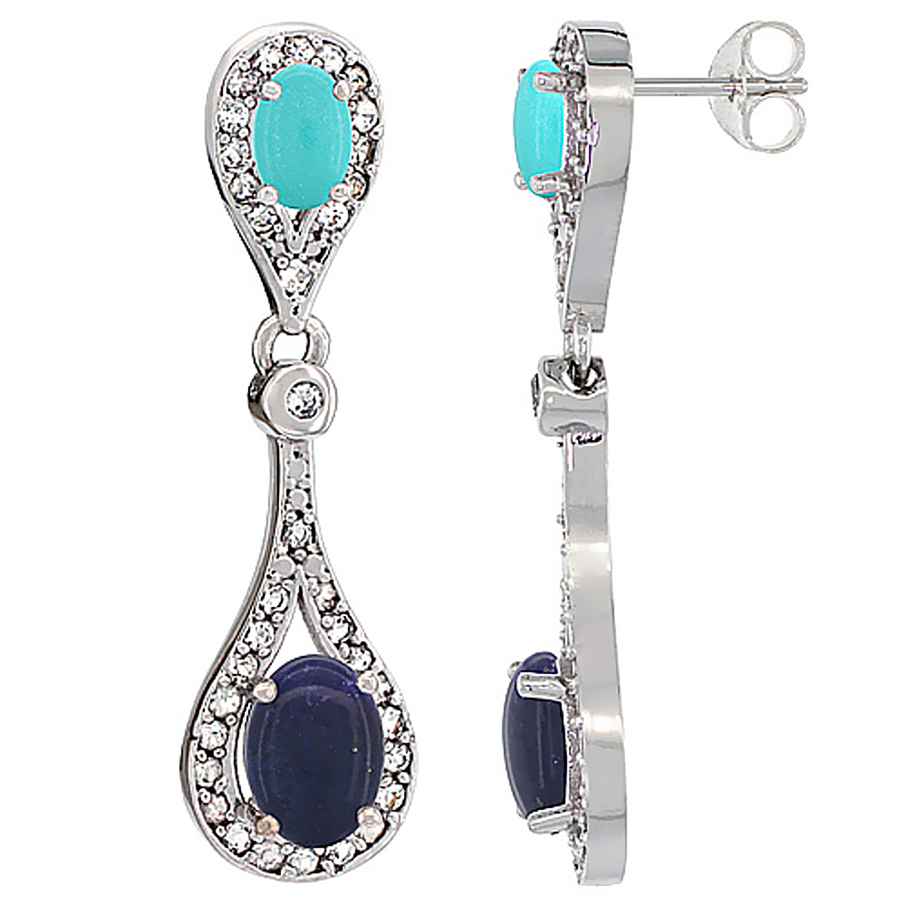 14K White Gold Natural Lapis & Turquoise Oval Dangling Earrings White Sapphire & Diamond Accents, 1 3/8 inches long