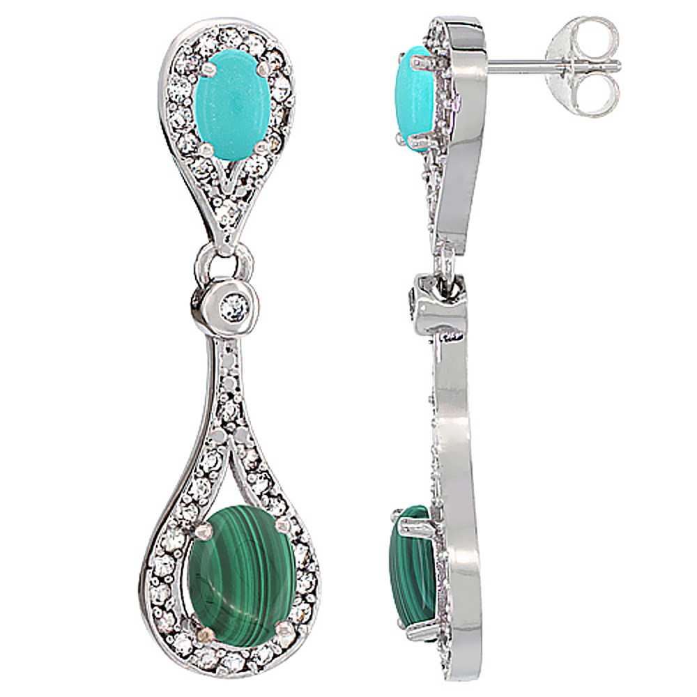 10K WHITE GOLD NATURAL MALACHITE & TURQUOISE OVAL DANGLING EARRINGS WHITE SAPPHIRE & DIAMOND ACCENTS, 1 3/8 INCHES LONG