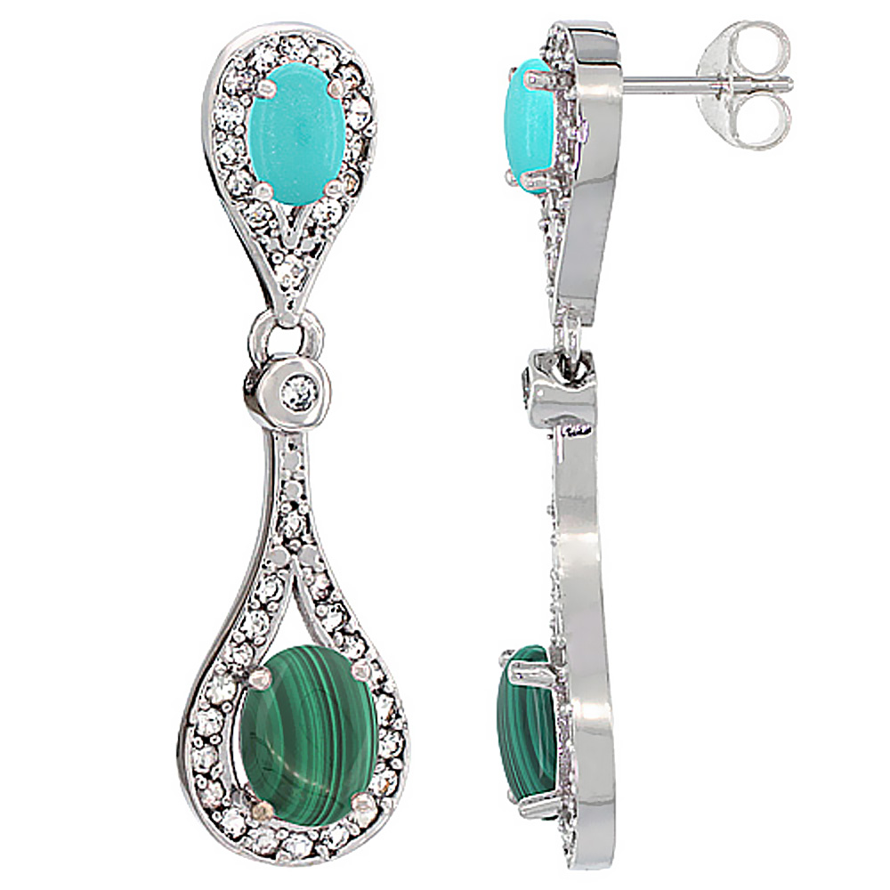 14K White Gold Natural Malachite & Turquoise Oval Dangling Earrings White Sapphire & Diamond Accents, 1 3/8 inches long