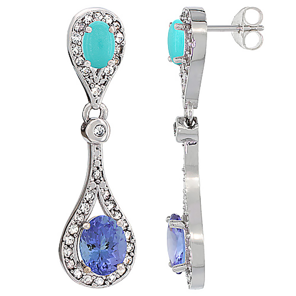 10K WHITE GOLD NATURAL TANZANITE & TURQUOISE OVAL DANGLING EARRINGS WHITE SAPPHIRE & DIAMOND ACCENTS, 1 3/8 INCHES LONG