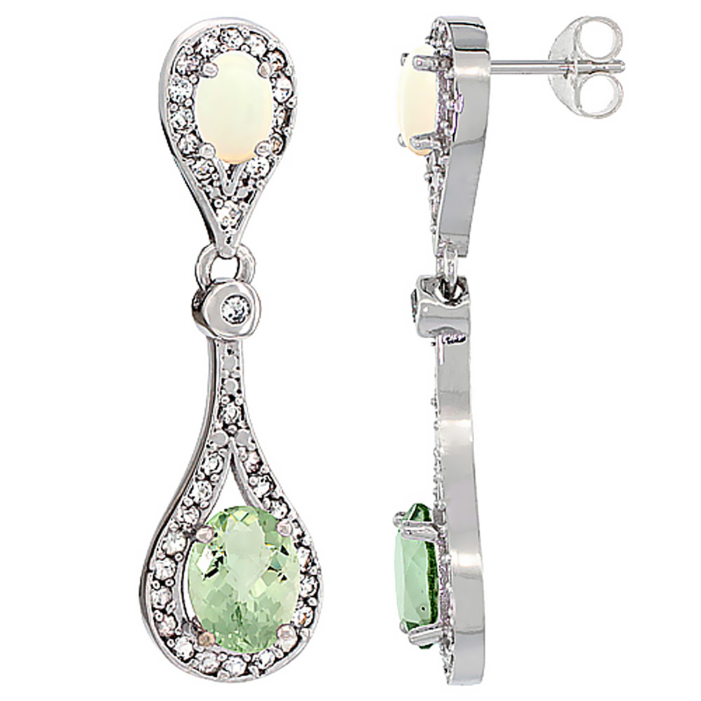 10K WHITE GOLD NATURAL GREEN AMETHYST & OPAL OVAL DANGLING EARRINGS WHITE SAPPHIRE & DIAMOND ACCENTS, 1 3/8 INCHES LONG