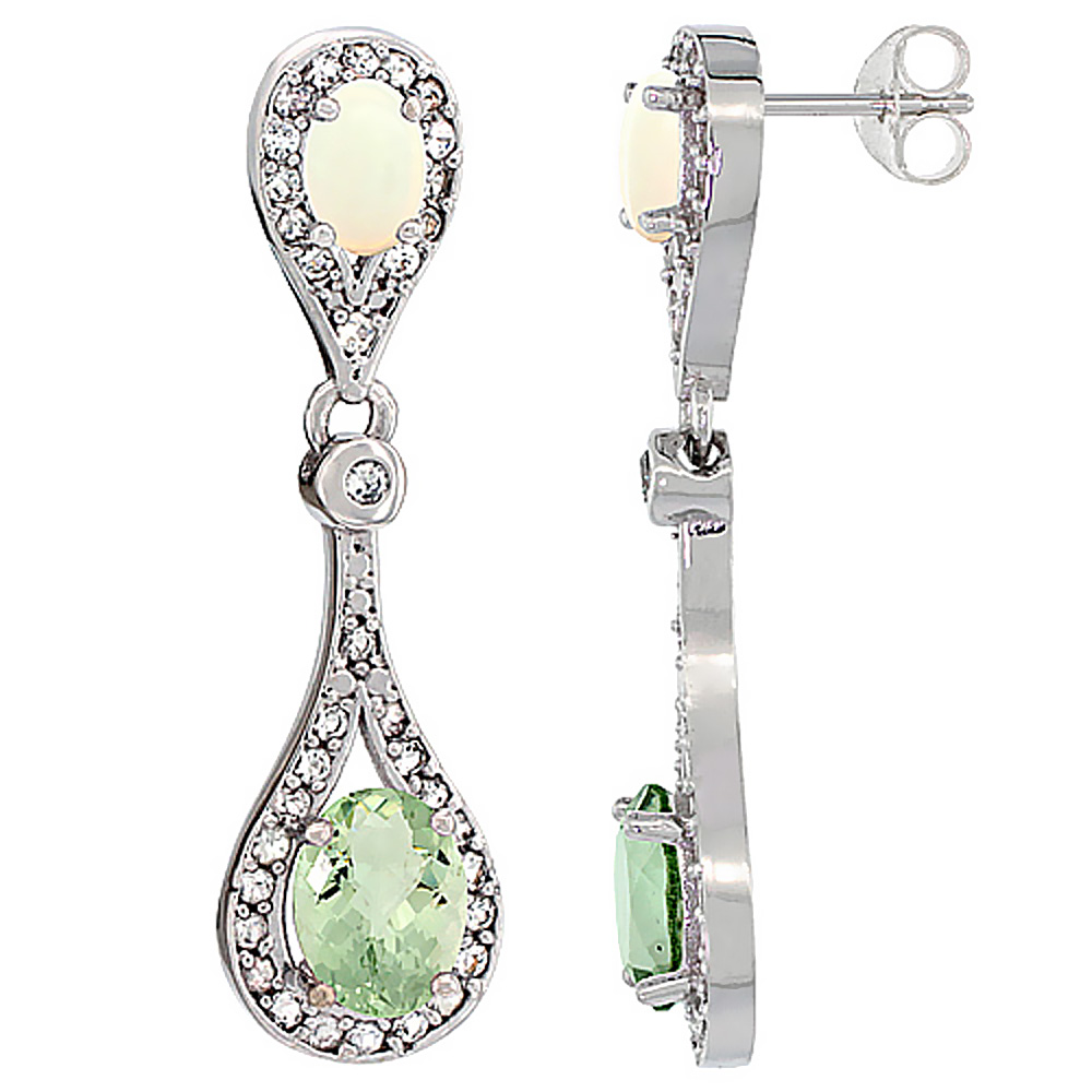 14K White Gold Natural Green Amethyst & Opal Oval Dangling Earrings White Sapphire & Diamond Accents, 1 3/8 inches long