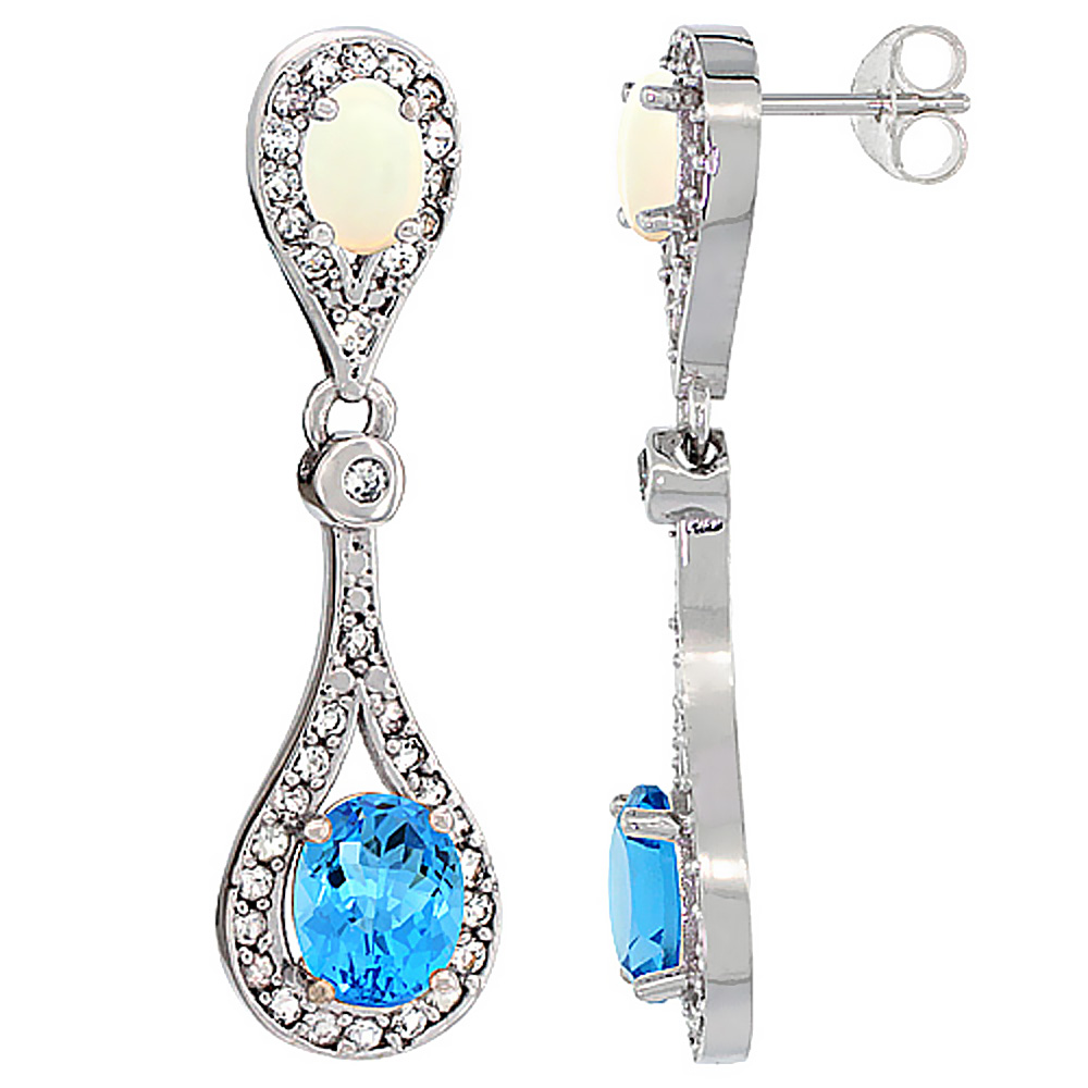 10K WHITE GOLD NATURAL SWISS BLUE TOPAZ & OPAL OVAL DANGLING EARRINGS WHITE SAPPHIRE & DIAMOND ACCENTS, 1 3/8 INCHES LONG